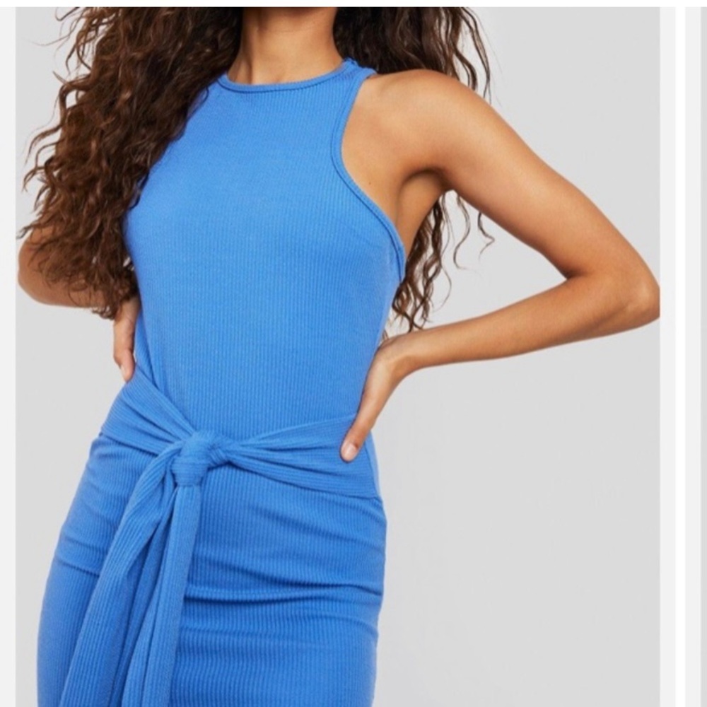 Boohoo | S | New Chic Blue Midi Dress with Waist Tie size 6 small racer back